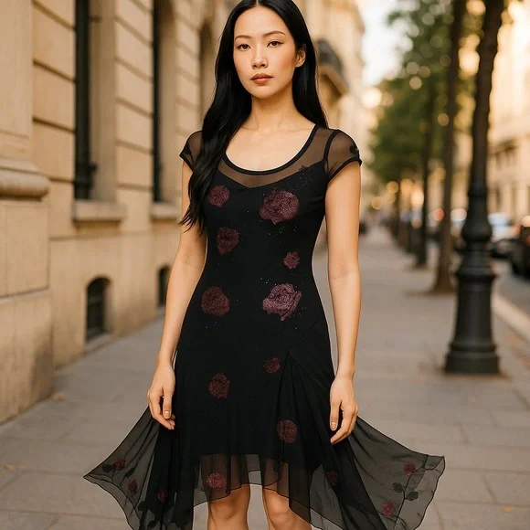 VINTAGE GOWN SUE WONG Beaded Floral on Peekaboo Mesh Underslip Prom Bridal Y2K - Picture 3 of 17